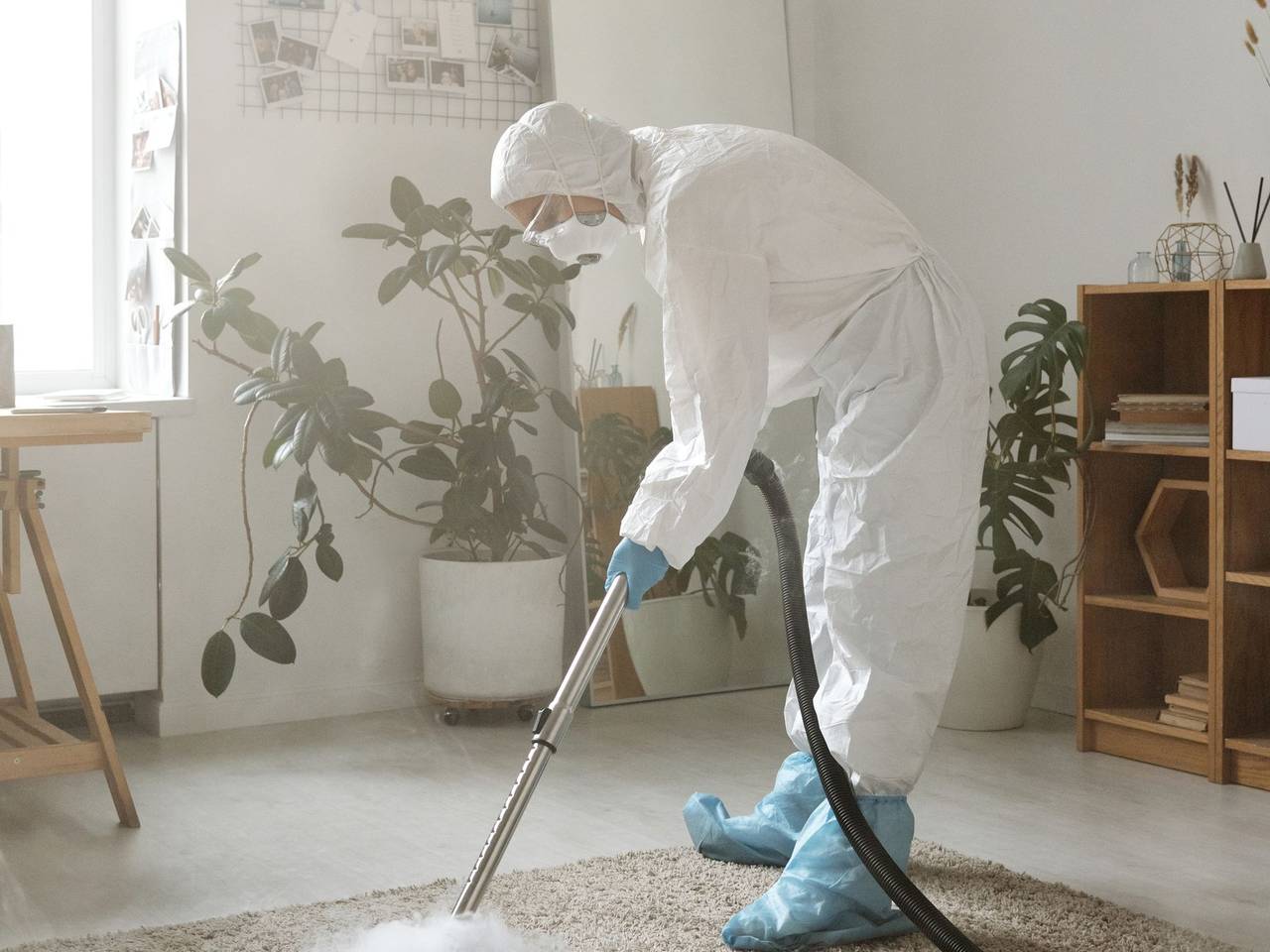 Técnico con traje de protección aplicando tratamiento sobre una alfombra